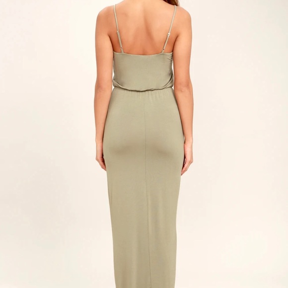 NWT Lulus Watch the Sunset Washed Olive Maxi Dress with spaghetti straps & slit - Picture 3 of 14